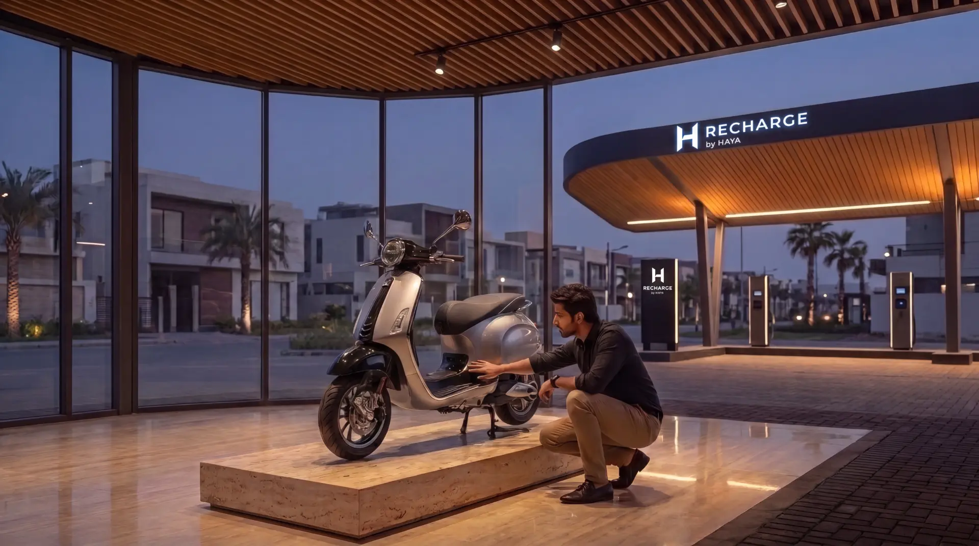 Man inspecting an electric scooter on display inside the RECHARGE by HAYA Discover pavilion