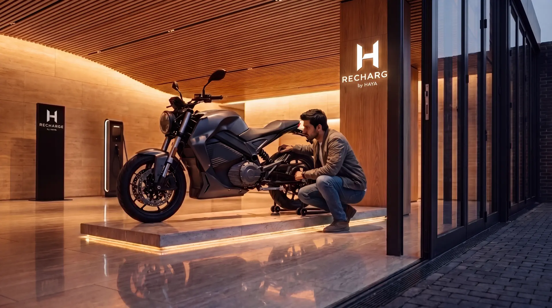 Man crouching beside an electric motorcycle on display inside a warm wood-paneled RECHARGE by HAYA Discover space