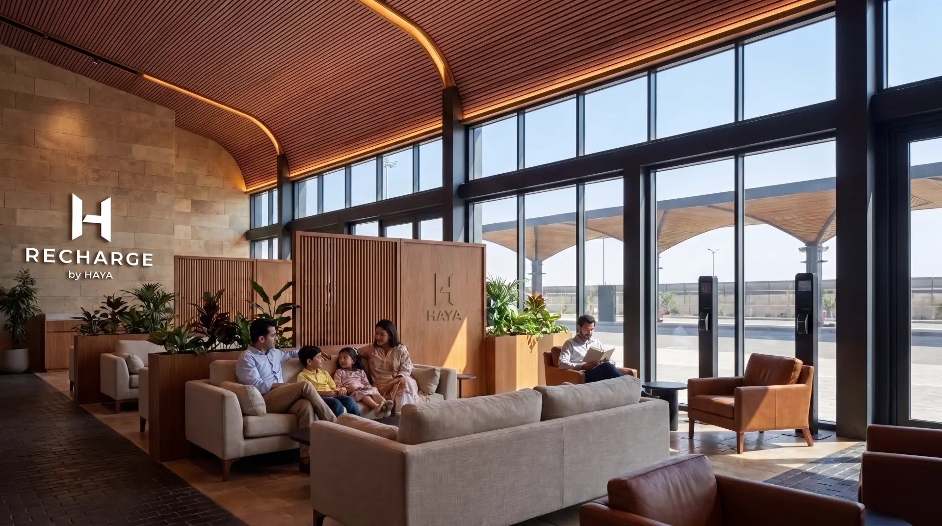 Family and guests relaxing inside the bright RECHARGE by HAYA lounge, with warm wood finishes, comfortable seating and charging canopies visible through the windows