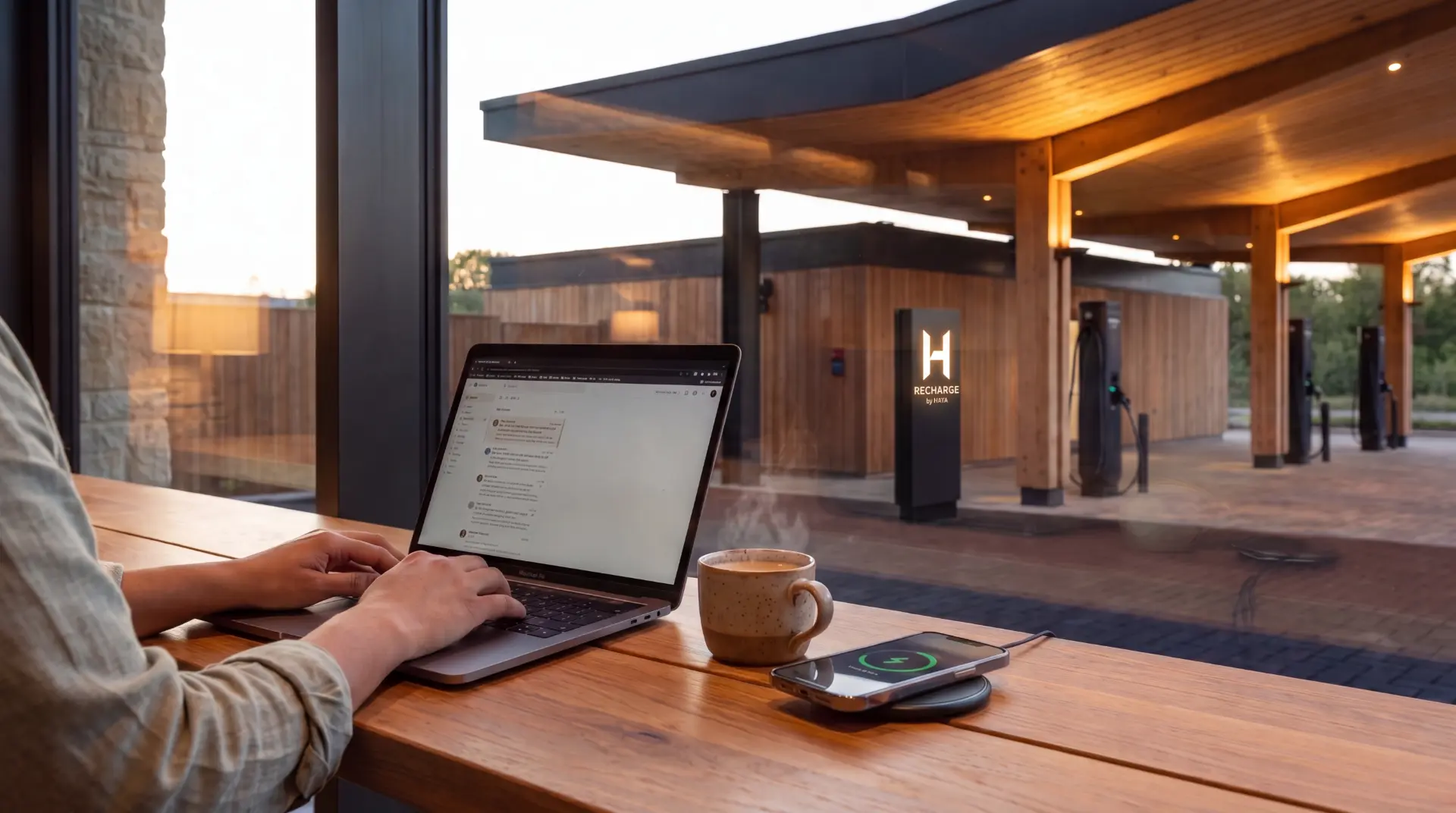 A guest working on a laptop at a timber table inside HAYA, with a cup of chai and a phone charging wirelessly, and the RECHARGE by HAYA canopy visible outside