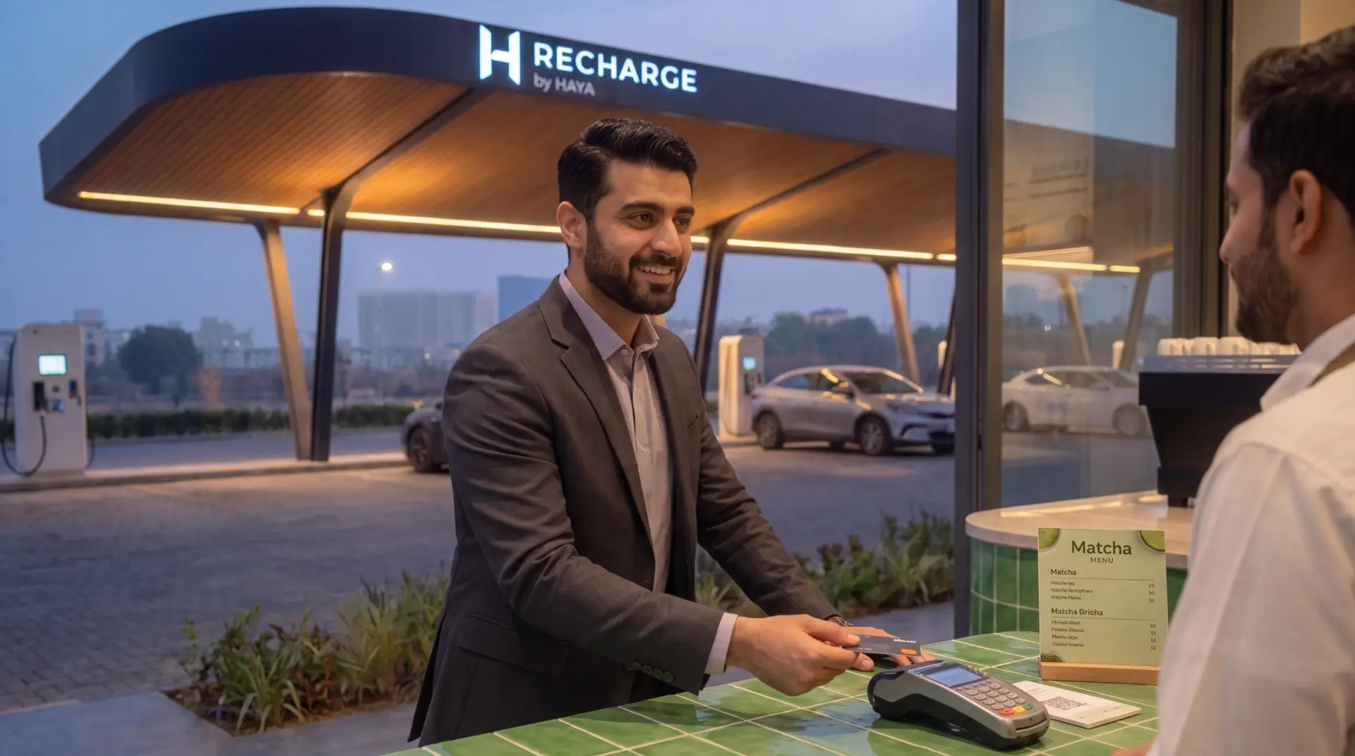 A guest paying for matcha at the Waisey Matcha bar, with the RECHARGE by HAYA charging canopy visible through the glass behind him