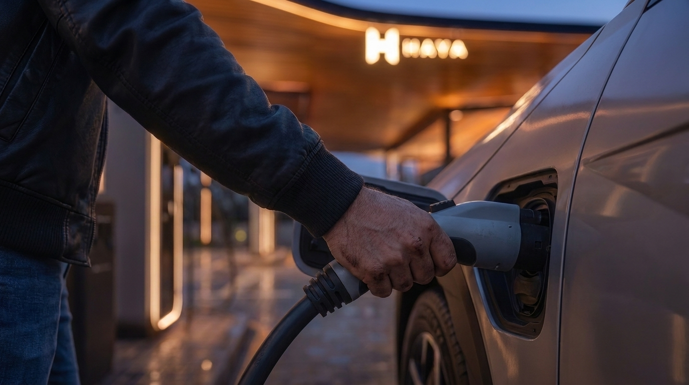 A driver plugging in at a HAYA charging bay
